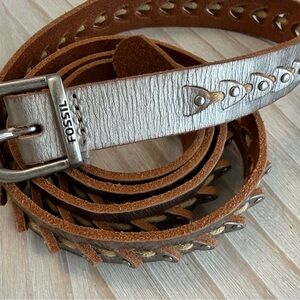 Fossil Brown Leather Braided Accent Belt with Silver Buckle Y2K